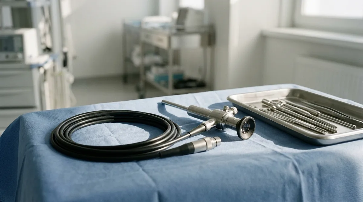 Matériel d’endoscopie urologique sur un champ stérile