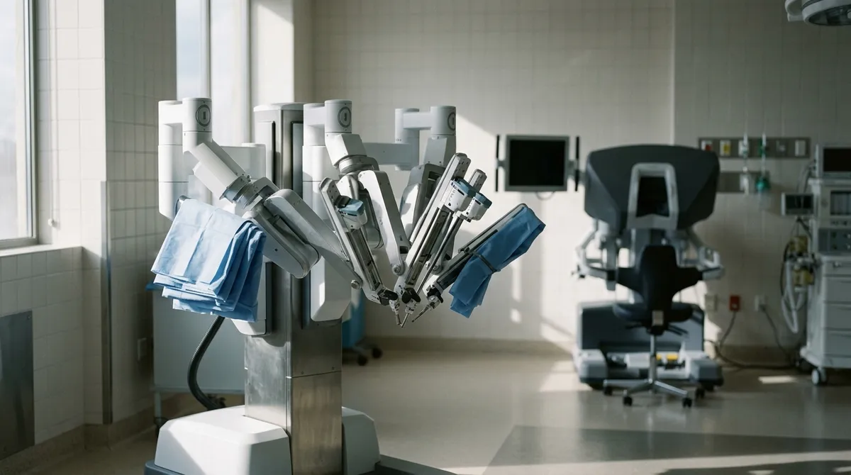 Robot chirurgical au repos dans un bloc opératoire